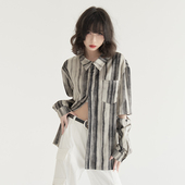 衬衫 子可拆长袖 女夏复古衬衣宽松港风条纹上衣 袖 万有引力博物馆