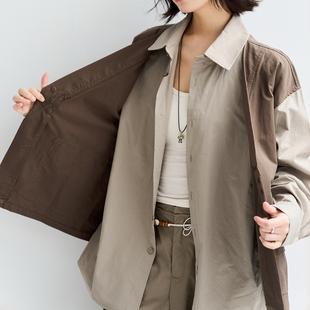 宽松长袖 外套女春秋款 上衣 拼接撞色假两件衬衫 万有引力博物馆