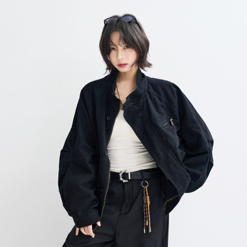 万有引力博物馆 纯色立领工装外套女春秋款宽松中性风上衣夹克