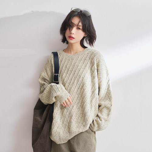 万有引力博物馆 纯色斜纹圆领毛衣女春秋款宽松慵懒风针织衫上衣