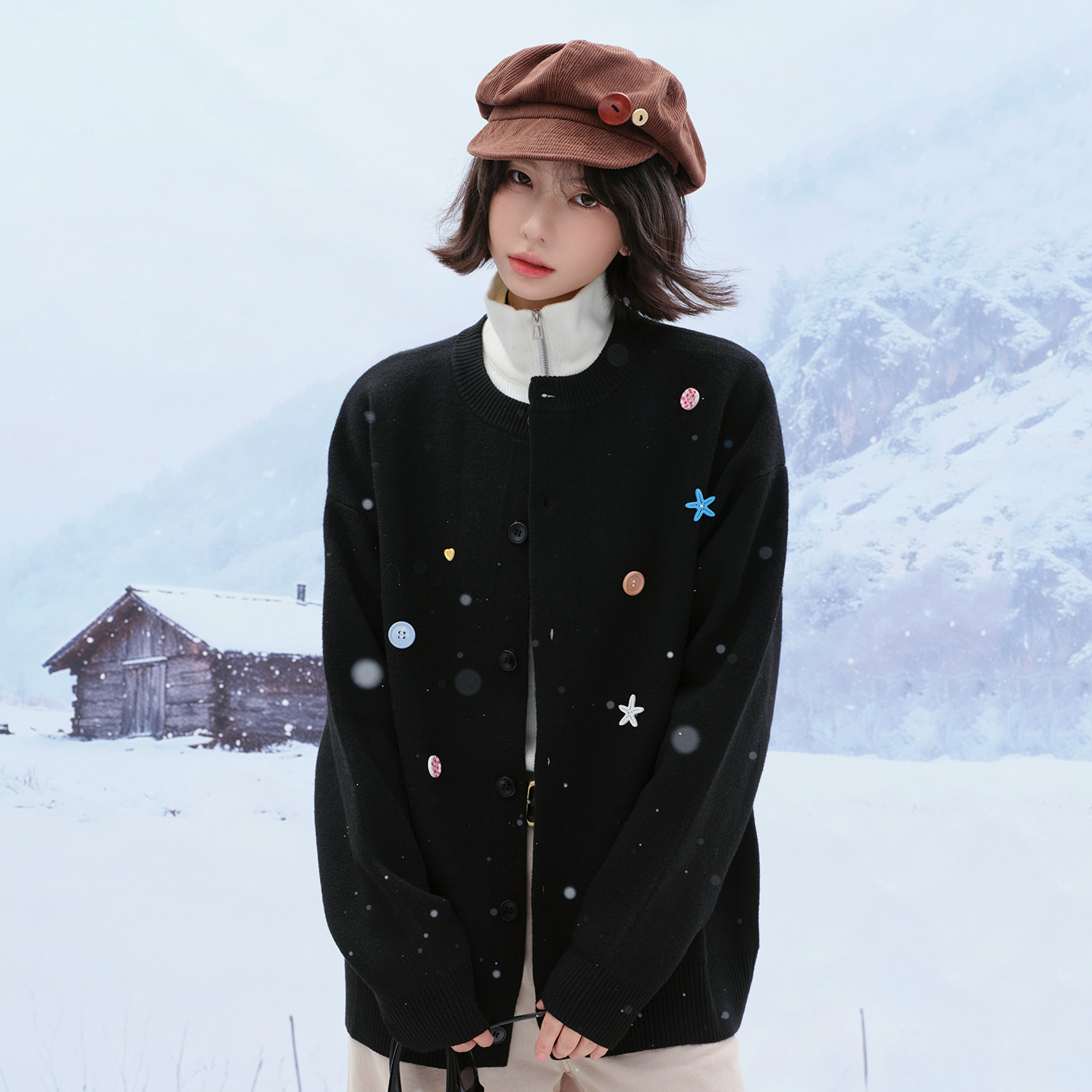 万有引力博物馆彩色纽扣装饰开衫毛衣外套女春秋款宽松针织衫上衣