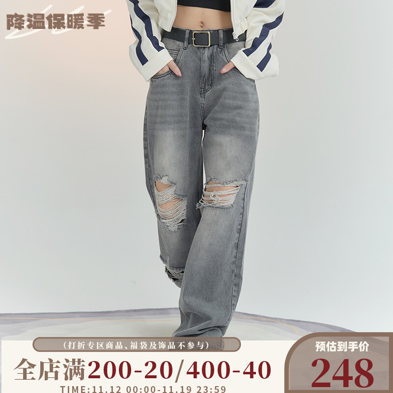 万有引力博物馆做旧破洞牛仔裤女春季2023年新款裤子直筒裤休闲裤