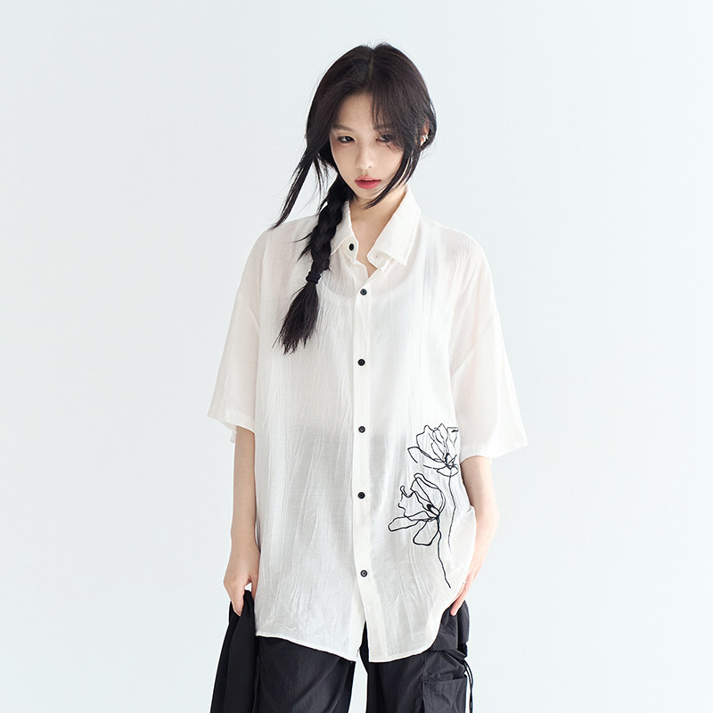 万有引力博物馆 微透薄款短袖衬衫女夏季2024年新款宽松刺绣上衣,女装/女士精品,衬衫,淘宝优惠券,粉丝福利购,淘宝优惠卷