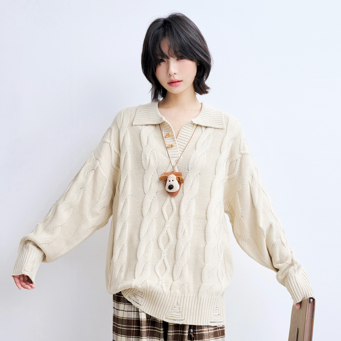 万有引力博物馆 麻花纹翻领毛衣女秋季2025年新款宽松上衣针织衫,女装/女士精品,毛衣,淘宝优惠券,粉丝福利购,淘宝优惠卷