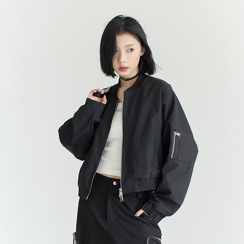 万有引力博物馆 短款黑色夹克外套女秋季2024新款宽松中性风上衣