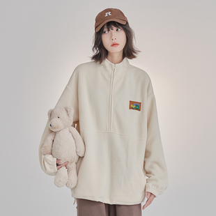 宽松加绒上衣 2025年新款 万有引力博物馆 半拉链立领卫衣女秋冬款