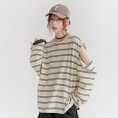 宽松慵懒风露肩早秋上衣 T恤女秋季 万有引力博物馆 设计感条纹长袖