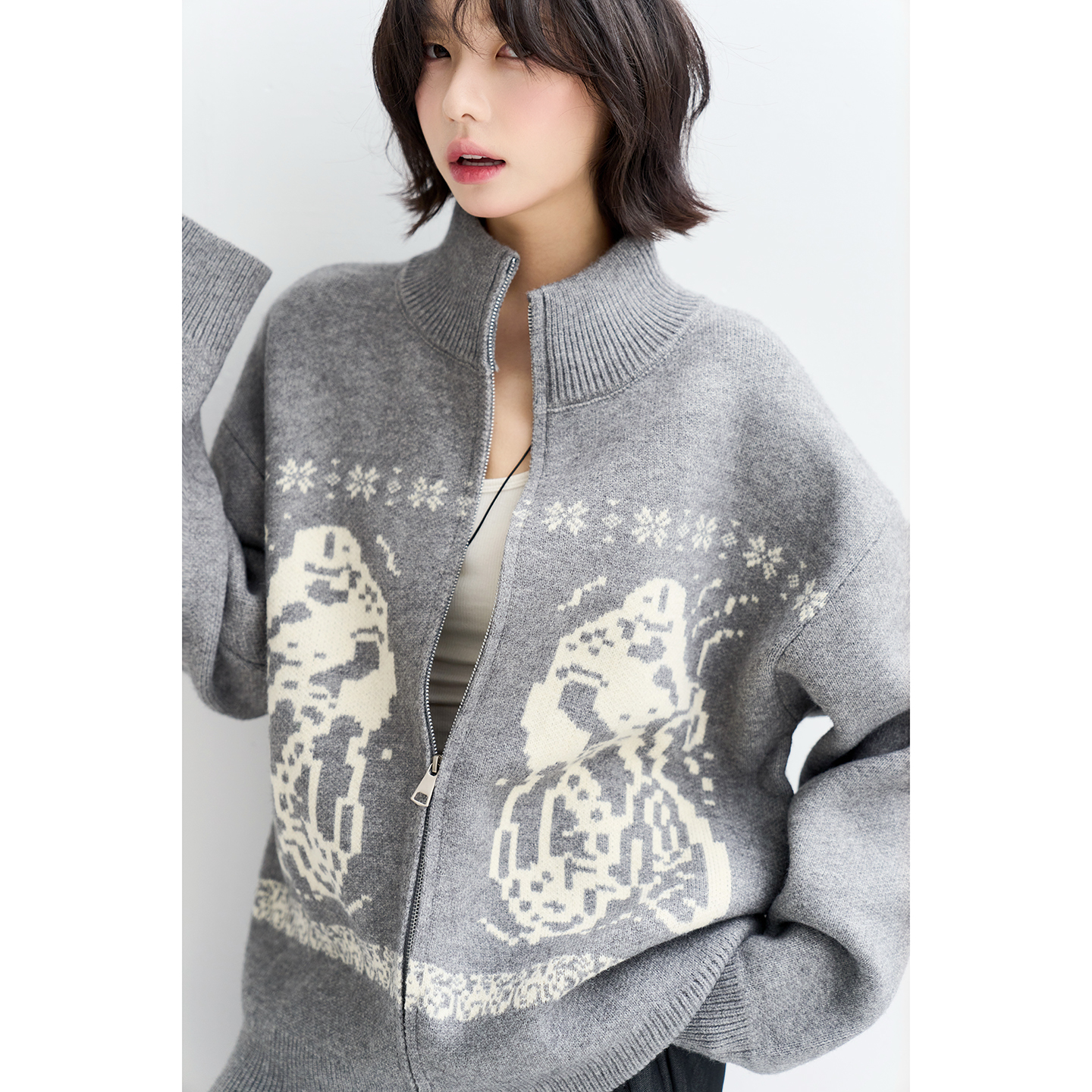 万有引力博物馆 立领开衫针织衫外套女秋季2025新款宽松花色上衣