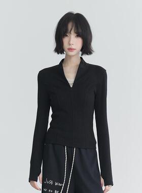 万有引力博物馆拉链半开领正肩长袖针织衫女春秋款修身半高领上衣