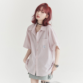 2025新款 万有引力博物馆 女夏季 衬衫 衬衣宽松上衣 复古细条纹短袖