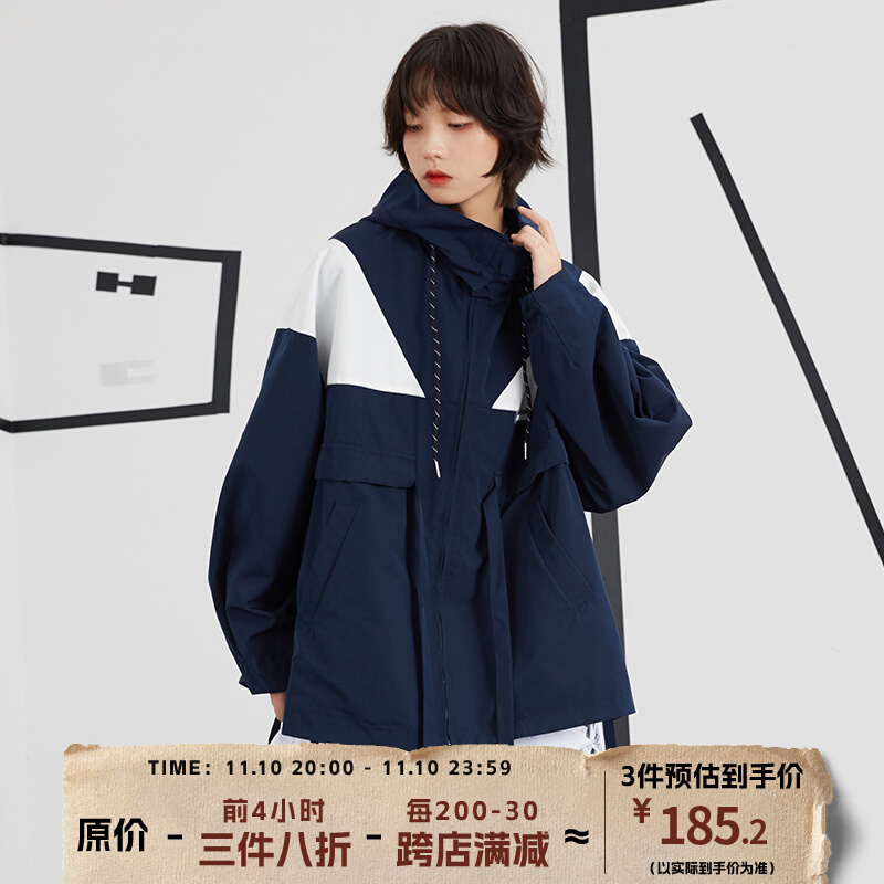 万有引力博物馆|拼色连帽外套女2020新款宽松学生情侣BF风棉衣男