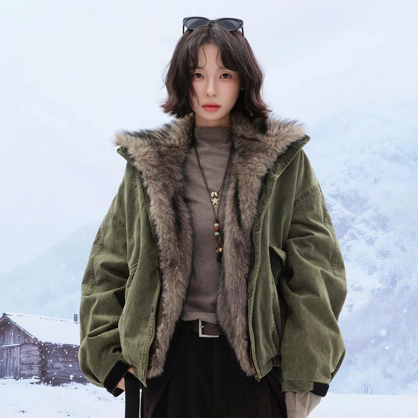 万有引力博物馆毛绒内里立领棉服女冬季保暖棉袄厚外套棉衣派克服