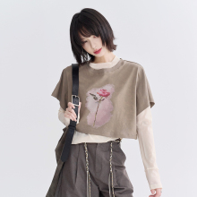 万有引力博物馆 油画玫瑰花正肩短袖T恤女夏季宽松短款露腰上衣