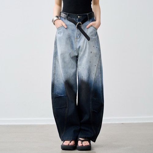 万有引力博物馆渐变牛仔裤女2025新款裤子宽松休闲弯刀版型长裤K