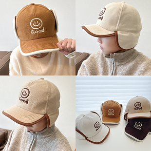 儿童帽子男潮秋冬新款男女童宝宝加厚植绒护耳鸭舌帽保暖棒球帽