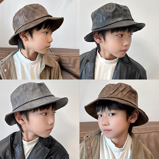 NEWDAKID儿童秋冬时尚皮质中童渔夫帽男童百搭保暖日韩潮帽子