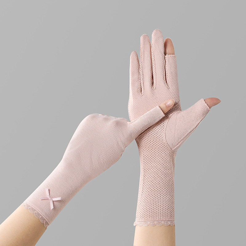 夏季防晒手套薄款中长款女开车防紫外线骑车防滑露二指半指棉手套