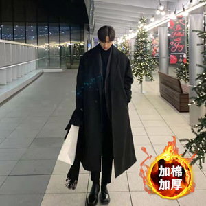 春秋季长款毛呢大衣男带垫肩双排扣过膝休闲外套韩版男生呢子风衣