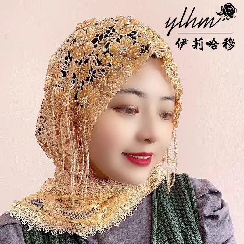 夏季民族披肩款薄款纱巾蕾丝流苏帽子轻薄舒适头巾妈妈款盖头防晒