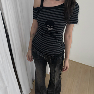 复古街头亚感条纹圆领斜肩T恤短袖 骷髅条纹 上衣 Fish Steam