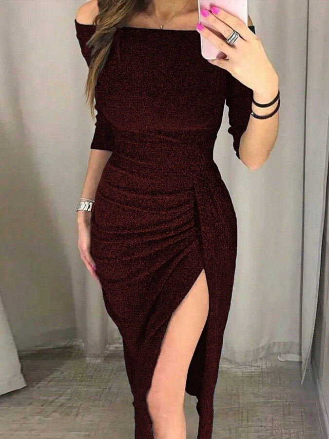 thumbnail for Fashion pleated slit evening gown