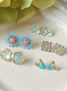 【蓝色合辑】清新甜美s925银针耳钉饰品女度假风新款春夏潮流森系