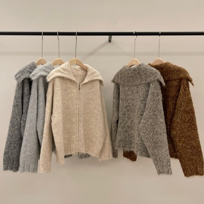 高级感杂色花线翻领双拉链毛衣外套女秋冬季软糯厚实高领针织开衫