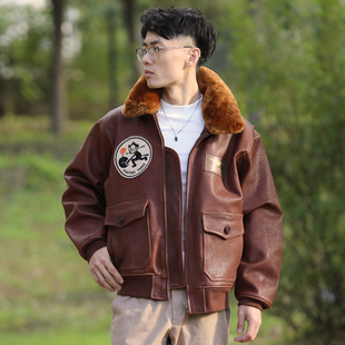 可拆卸毛领 翻领夹克男休闲头层牛皮衣短款 菲力猫美式 真皮棉服冬季