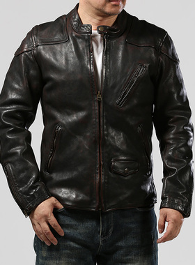 吴彦祖同款毒液马皮皮衣男装荷尔蒙立领褶皱休闲阿美咔叽真皮夹克