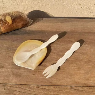 天然珍珠贝母壳叉勺子纯手工波浪形咖啡勺甜点茶匙小众精致搅拌勺