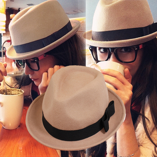 韩版蝴蝶结礼帽女士秋冬天英伦时尚百搭羊毛呢卷边爵士帽情侣帽子