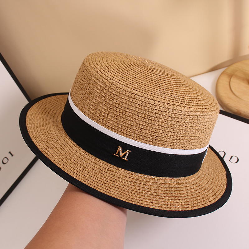 夏天新款遮阳平顶包边草帽女时尚平沿帽复古英伦小礼帽平沿太阳帽