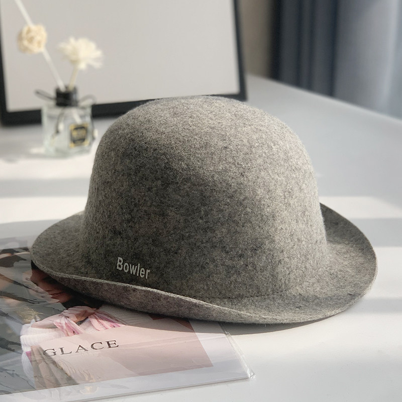 法国新款女秋冬羊毛明星同款灰色小礼帽英伦复古卷边爵士帽潮毡帽