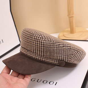 秋冬千鸟格帽子女鸭舌帽时尚洋气拼色平顶帽黑白格子宽檐帽女英伦