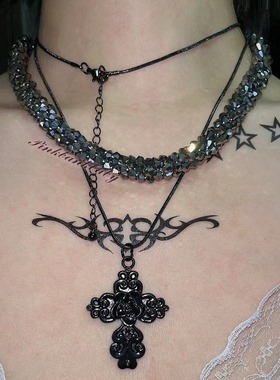 pinkbankbaby原创 朋克辣妹小众双层叠戴哥特玫瑰十字架叠戴项链