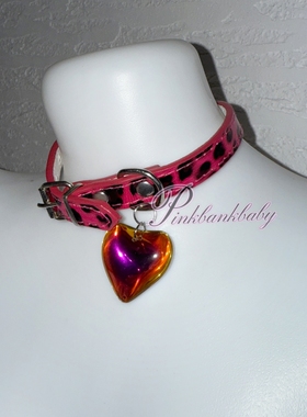 原创自制*限量y2k手作粉红豹纹pu爱心吊坠项圈亚文化辣妹锁骨链