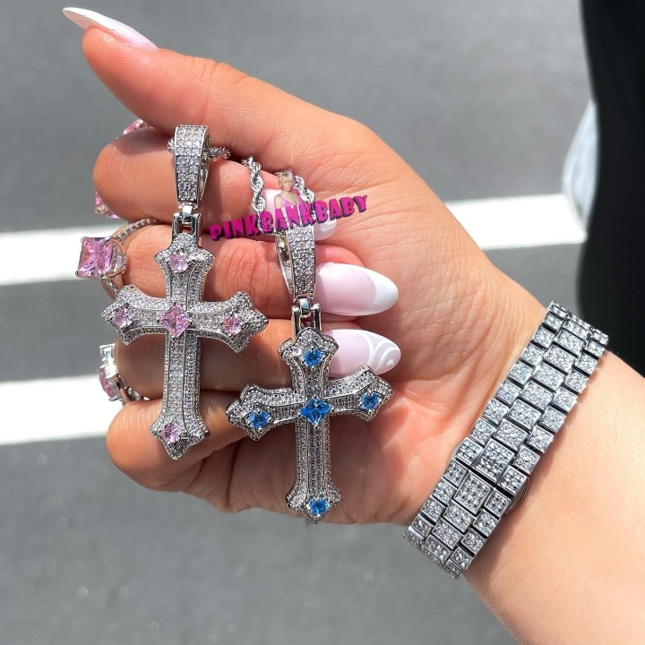 外贸跨境欧美ins古巴铜镶锆石重工十字架满钻吊坠项链男女款