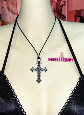 pinkbankbaby原创手作小众个性朋克金属哥特十字架皮蜡绳项链