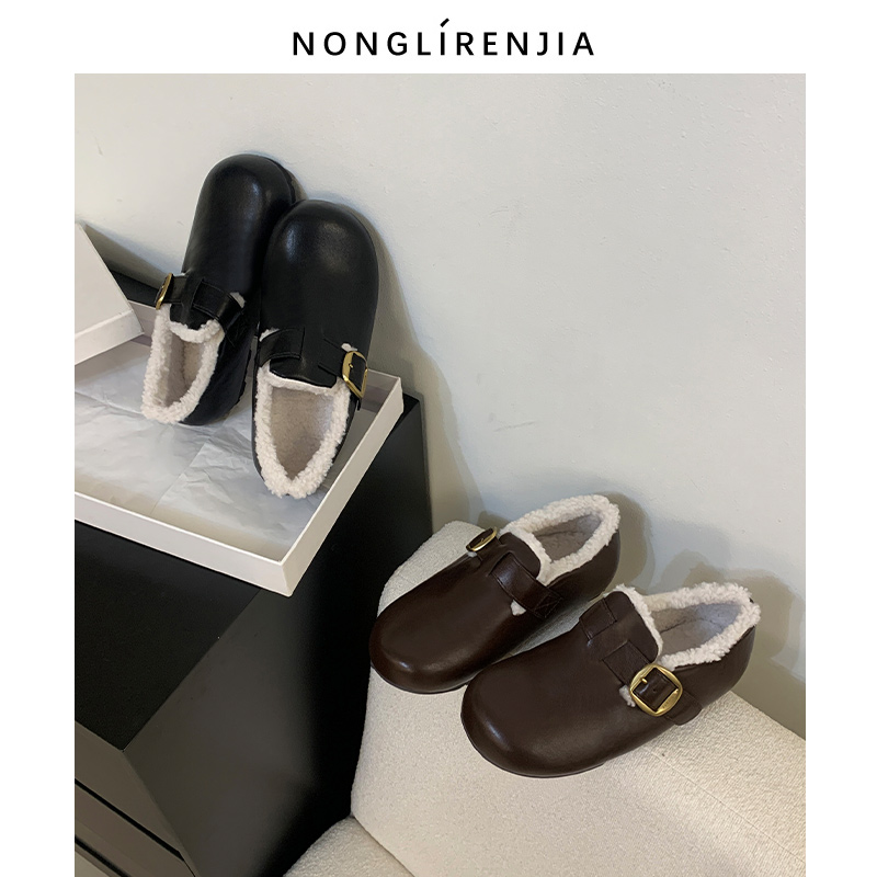 弄里人佳大码女鞋41-42码单鞋25冬新款英伦保暖加绒棉鞋毛毛鞋