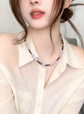 天然淡水珍珠项链银蓝光碎银子搭配天然石锁骨颈链小众高级感
