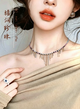 渐变彩萤石流苏choker项链女搭配天然淡水珍珠金银撞色链条颈链