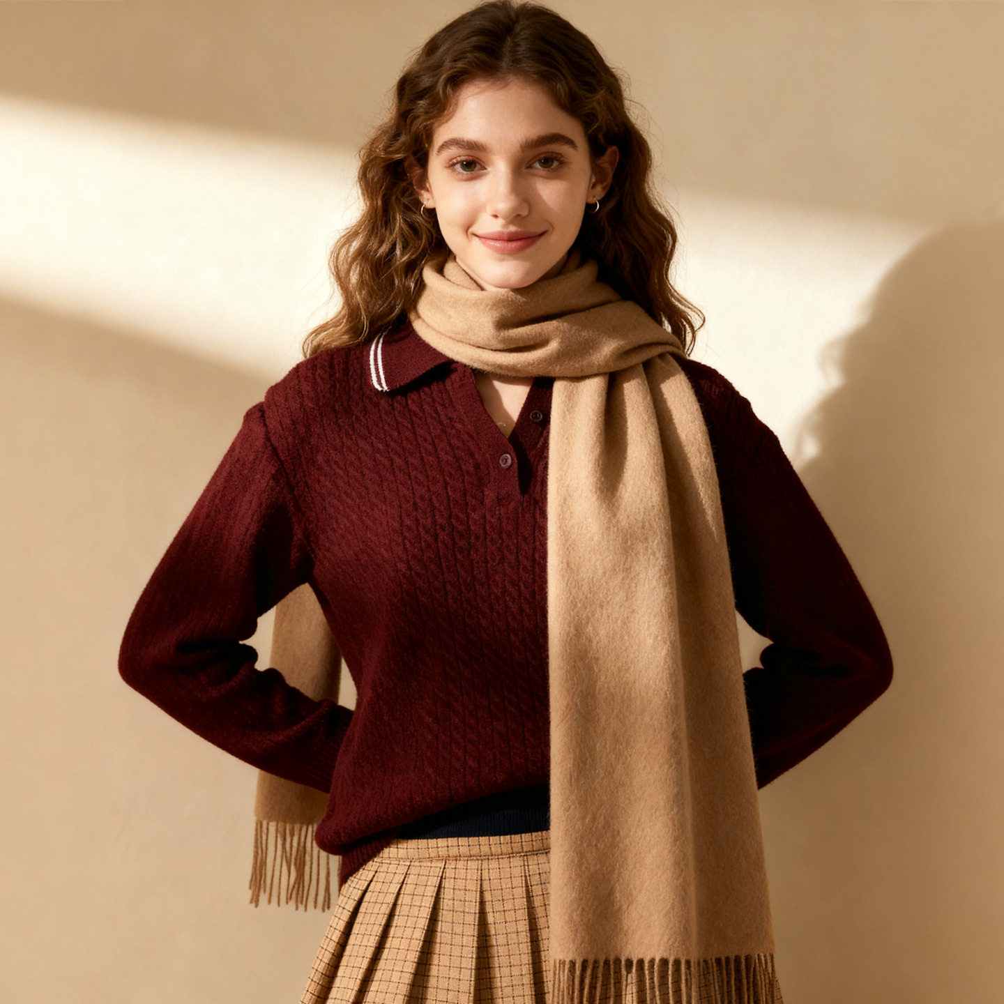 JESSIEJANE围巾冬季女100%纯羊毛高级感纯色米色驼色女士秋冬围脖