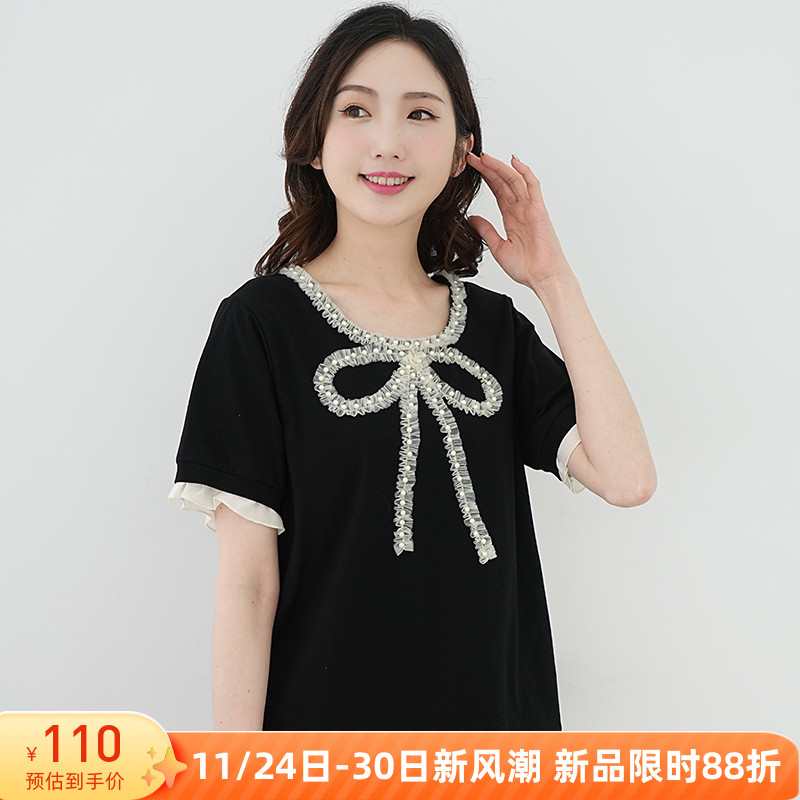 胖mm显瘦圆领钉珠蝴蝶结上衣