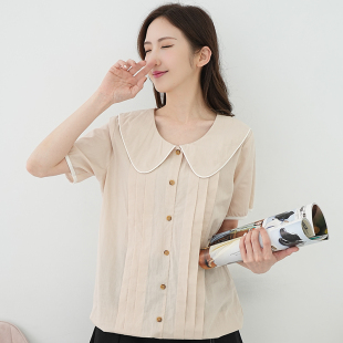 气质娃娃领条纹衬衫 艾依琪格大码 新款 女装 2025胖妹妹上衣 胖mm夏装