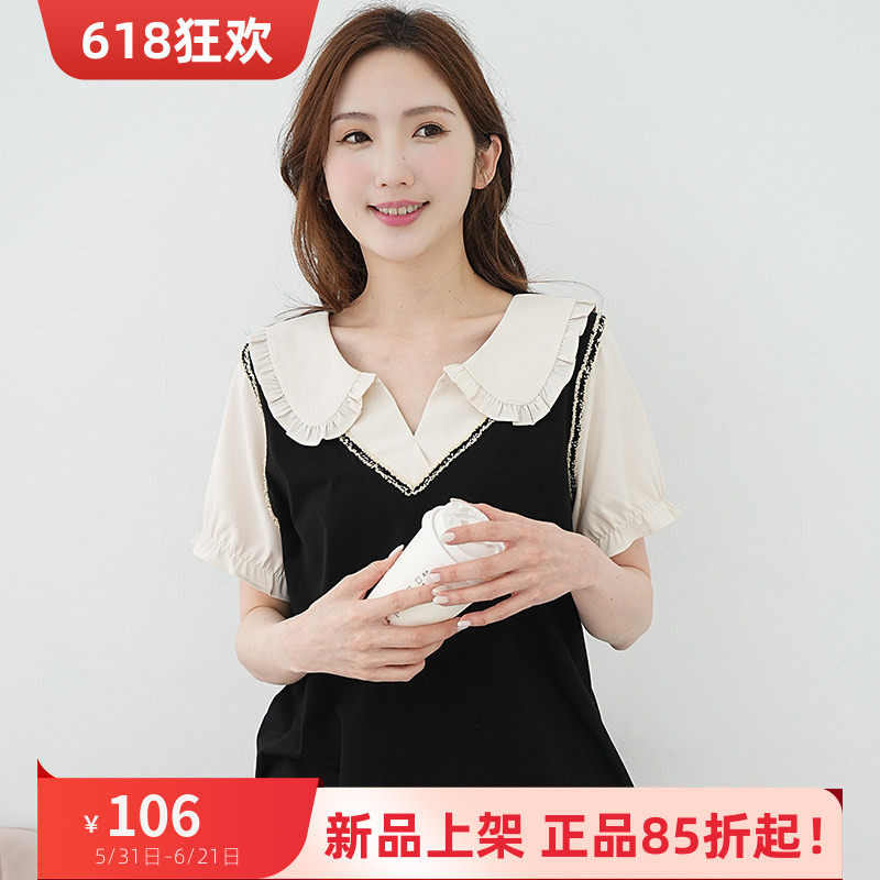 艾依琪格夏季短袖大码女胖mm显瘦娃娃领拼接假两件上衣胖妹妹新款
