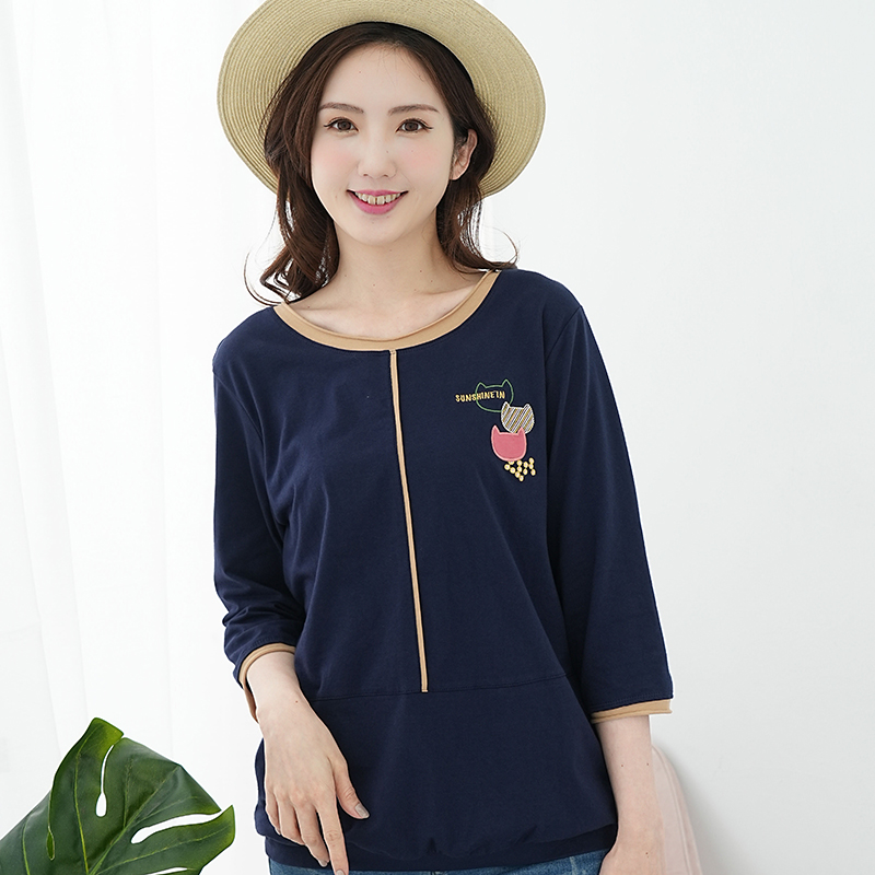 卡通绣花七分袖2025胖妹妹t恤