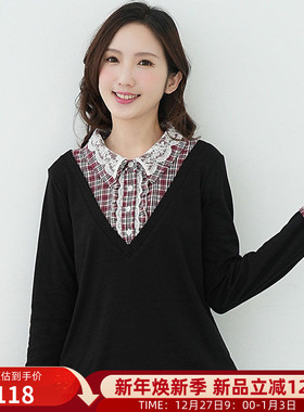 艾依琪格大码女装2025新款冬胖mm学院风格子假两件上衣胖妹妹长袖