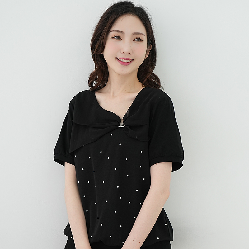 艾依琪格大码女装夏胖mm韩版不规则斜领波点雪纺衫胖妹妹短袖上衣