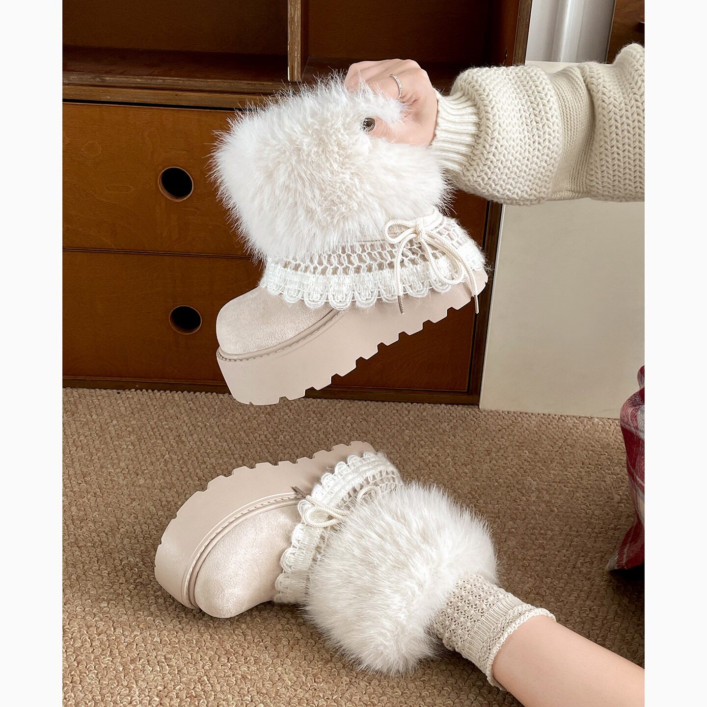 复古白色厚底加绒加厚雪地靴女款2025新款冬季保暖毛毛勃肯棉鞋子