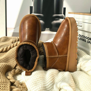 东北皮面防水防滑厚底雪地靴女款2025新款冬季羊皮毛一体低帮棉鞋